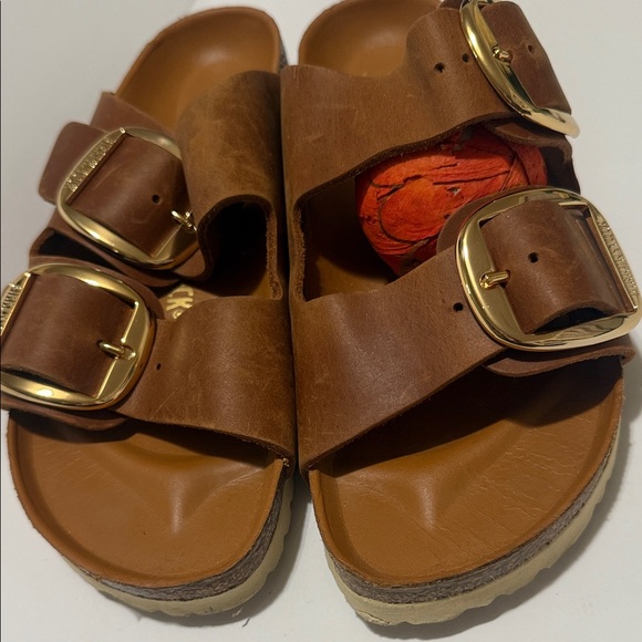Birkenstock Tan Leather Sandals with Gold Buckles
